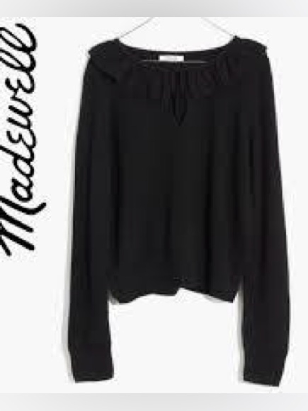 Madewell Black Ruffle Tie Neck Collar V- Neck Sweater Medium